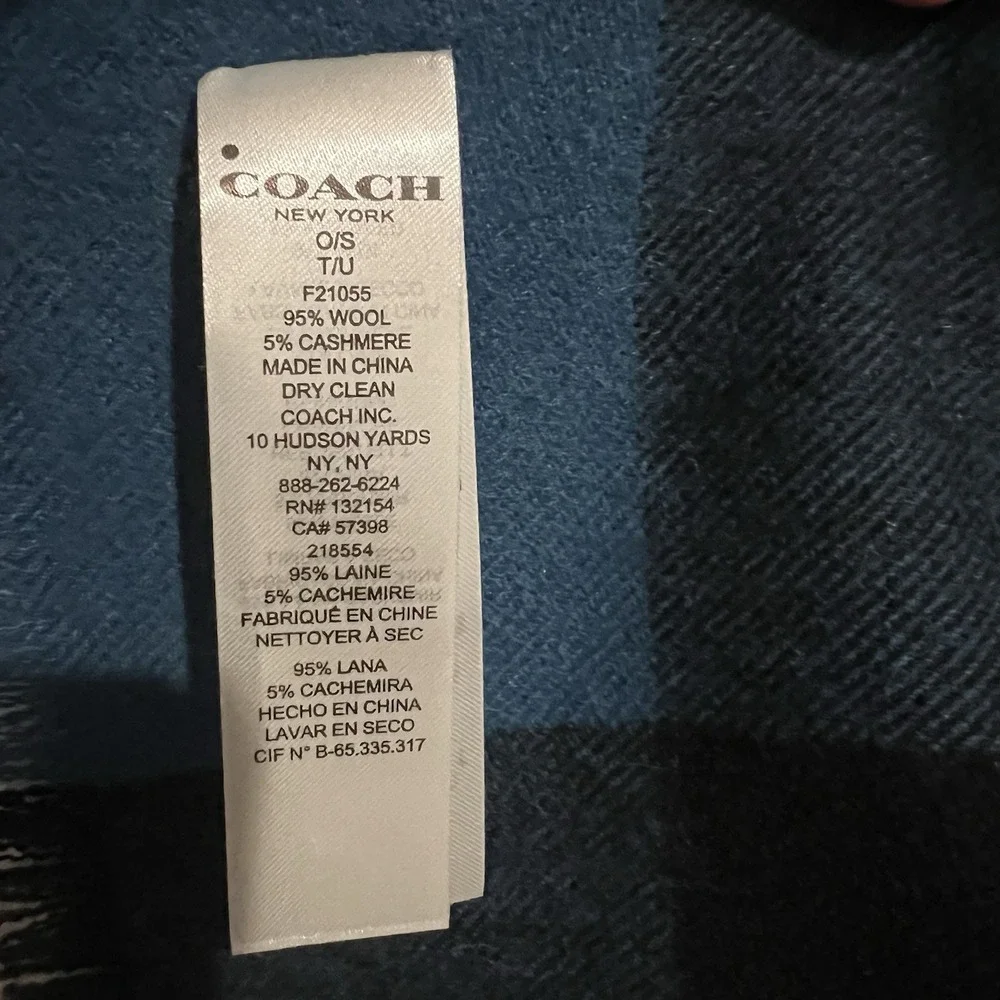Coach Wool Cashmere Check Scarf Blue Black Plaid Oversized Wrap 72